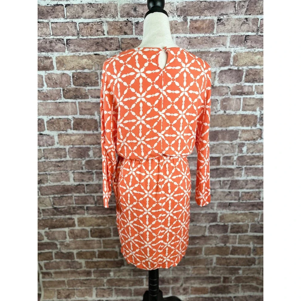 Boden Orange White Geometric Print Long Sleeve Blouson Dress US 4 WH902 - Picture 6 of 16